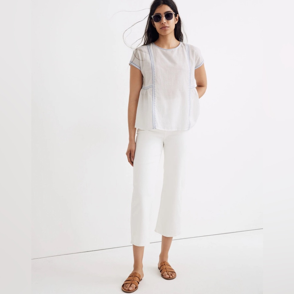 Madewell Cotton-Linen Embroidered Crewneck Folk Top Lighthouse White Blue S